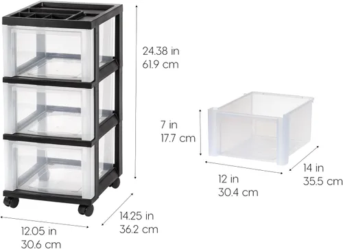 Vista 3 de IRIS USA Organizador de almacenamiento con cajones de plástico, carrito rodante, con ruedas giratorias, 3 cajones, para aula, suministros de arte