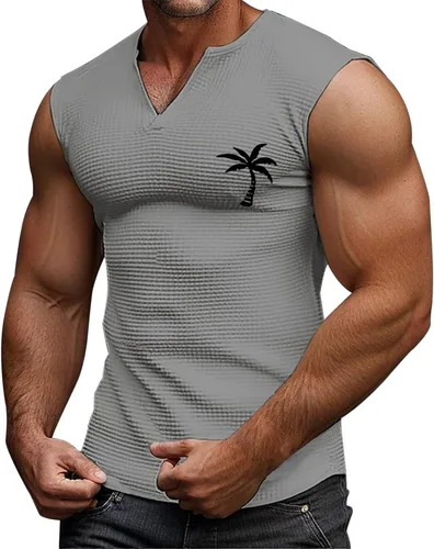 Vista 13 de Camiseta sin mangas con estampado gráfico de verano para hombre, cuello en V, talla grande, casual, recortada, para gimnasio, atlética, muscular