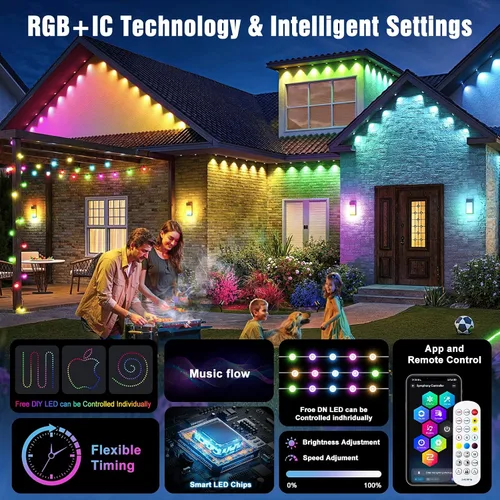 Vista 4 de Luces permanentes para exteriores de la casa, 200 pies, RGB+IC, luces inteligentes para aleros con color DIY, IP67 impermeables, control