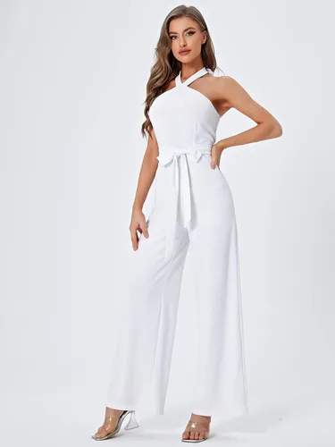 Vista 6 de WDIRARA Enterizo elegante sin mangas para mujer, sin mangas, con cintura alta, cinturón y pierna ancha, con espalda descubierta, elegante