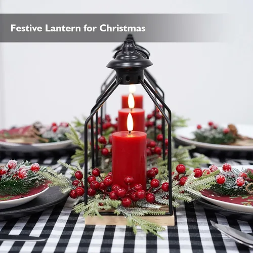 Vista 7 de Rhytsing Centros de mesa de Navidad, farol decorativo de 10 pulgadas de alto con cera real, vela LED roja sin llama y anillo de vela de cedro