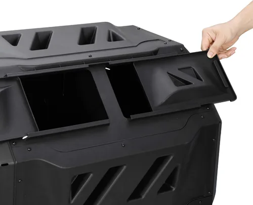 Vista 8 de Contenedor de compostaje para exteriores con doble cámara, giratorio de 43 galones, con puertas correderas y marco de acero, sin BPA, para jardín