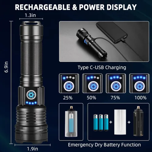 Vista 4 de Linternas de altos lúmenes recargables, linterna súper brillante, linterna táctica ajustable, linterna de 5 modos de alta potencia, linterna LED