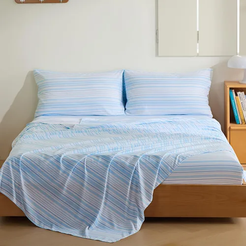 Vista 27 de MCO Juego de sábanas a rayas de 4 piezas, juego de sábanas Full transpirable con bolsillo profundo de 16", moderno y lujoso, juego de ropa de cama