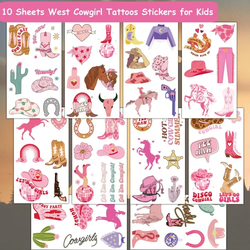 Vista 2 de CHARLENT Tatuajes temporales de vaquera para niños, suministros de fiesta, tatuajes temporales de vaquera occidental para niñas, regalos de fiesta