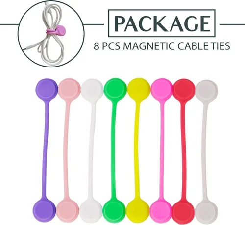 Vista 4 de Bridas para cables eléctricos – 8 piezas de bridas de alambre multicolor resistentes magnéticas para cables de silicona – Sujetacables reutilizables