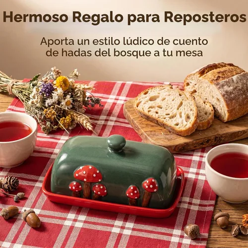 Vista 8 de Mantequera de Cerámica en Forma de Seta con Tapa para Encimera - Bandeja de Contenedor Rojo, Grande Cubierta