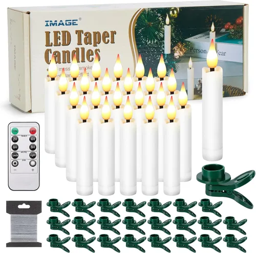 Vista 10 de IMAGE Juego de 12 velas LED cónicas sin llama, velas de marfil con mecha 3D con diseño de árbol de Navidad con clip, control remoto de 10 teclas