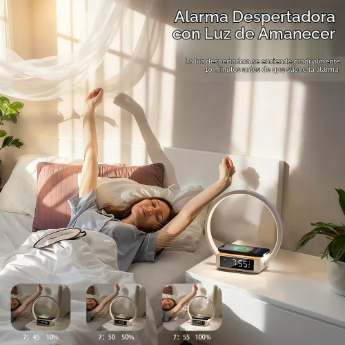 Vista 2 de WILIT Lámpara de mesita de noche con reloj despertador, lámpara táctil con cargador inalámbrico, luz nocturna para dormitorio, luz de despertar