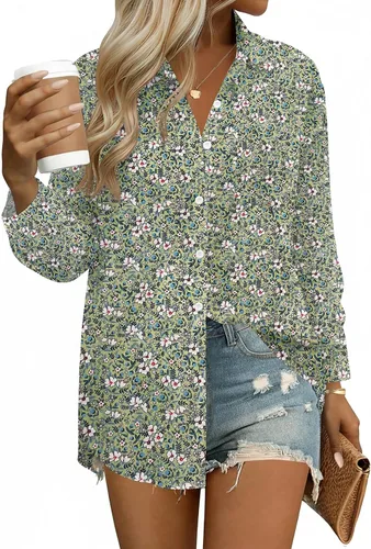 Vista 20 de HOTOUCH Camisas de manga larga con botones para mujer, blusas de lino y algodón, casuales, con cuello holgado, de gasa con bolsillo