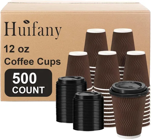 Vista 10 de Tazas de café desechables de 12 onzas con tapas, tazas de papel de café con tapas para llevar, tazas calientes aisladas para bebidas calientes