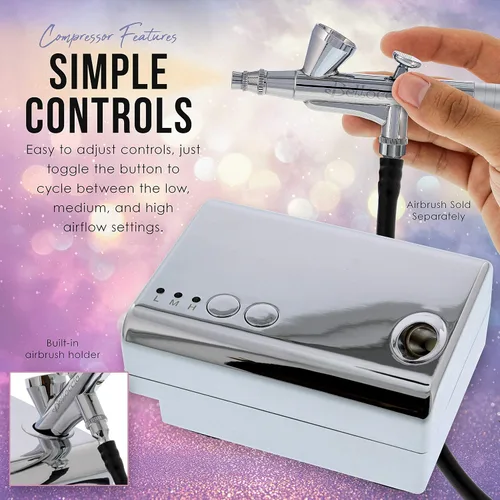Vista 4 de Super Mini aerógrafo compresor 3 ajustes de control de flujo de aire silencioso, 6 'Push en hule aerógrafo manguera, funciona en 12 V DC con un 110