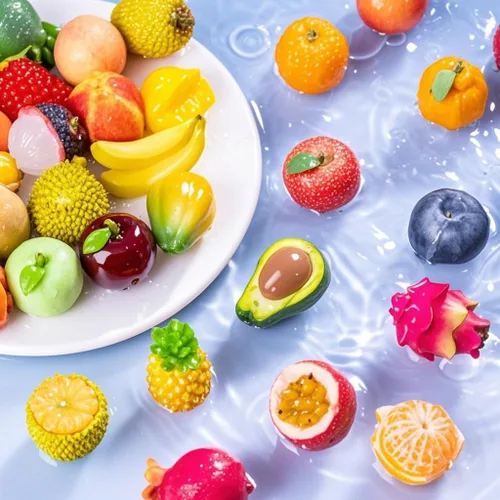 Vista 2 de Exasinine 33 piezas de figuras de frutas en miniatura, fresa, melocotón, uvas, mini figuras de resina, frutas artificiales para jardín, cocina