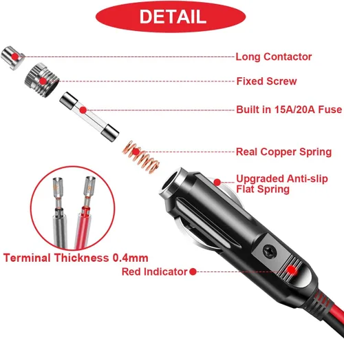 Vista 3 de Enchufe de repuesto para encendedor de cigarrillos macho de 12 V, enchufe macho de repuesto para encendedor de cigarrillos macho, con cables, luz