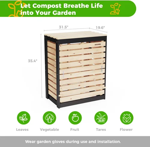 Vista 2 de Cubo de Compostaje de 95 Galones de Madera Sólida, Cubo de Compostaje para Exteriores con Puerta Deslizante, Cubo de Compostaje Grande para el Patio