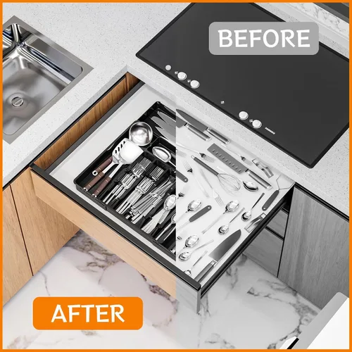 Vista 4 de Organizador de cubiertos para cajones de cocina, organizador de cajones de cubiertos sin BPA, organizador de utensilios de plástico con 6 ranuras