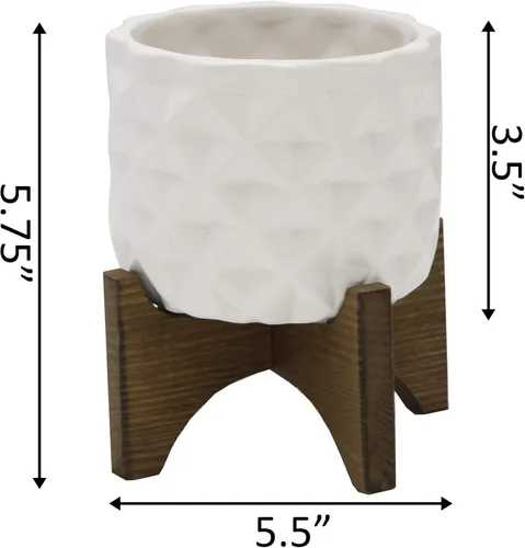 Vista 3 de Flora Bunda Mid Century - Patrón de cerámica DIMPLE de 5 pulgadas en soporte de madera, blanco mate