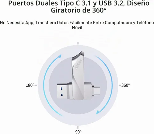 Vista 3 de SSK Memoria USB 3.2 Flash de 64 GB hasta 200 MB/s Dual USB A+C Memory Stick