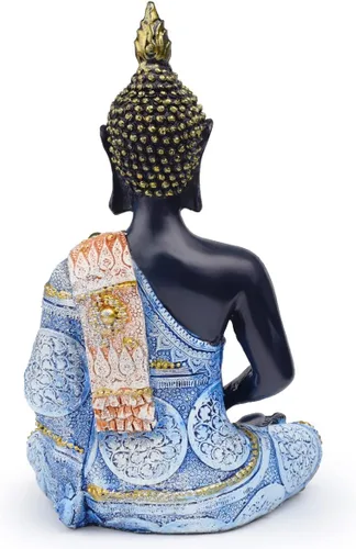 Vista 4 de Escultura meditadora de Buda Polystone, estatuas de Buda pintadas a mano, estatuas de Buda para el hogar, decoración de meditación, decoración Azul