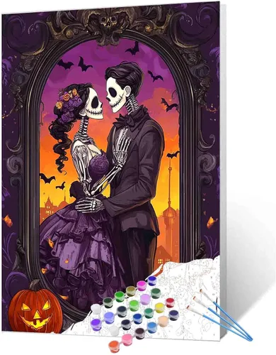 Vista 10 de Tucocoo Decoración del Día de los Muertos, pintura por números, esqueleto para parejas, pintura por números sobre lienzo con pinceles y pigmento