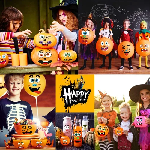 Vista 7 de Calcomanías decorativas de calabaza de Halloween, 26 hojas, 56 calcomanías faciales en total, kit de manualidades de pintura de calabaza, decoración