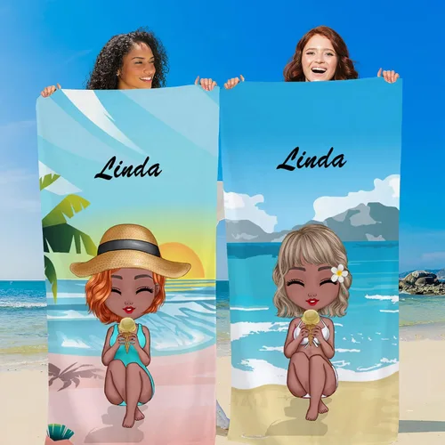 Vista 8 de Toalla de playa personalizada Chibi Bestie, hawaiana en la playa, piscina, fiesta para niños pequeños, niñas, regalos, mejores amigas, toalla
