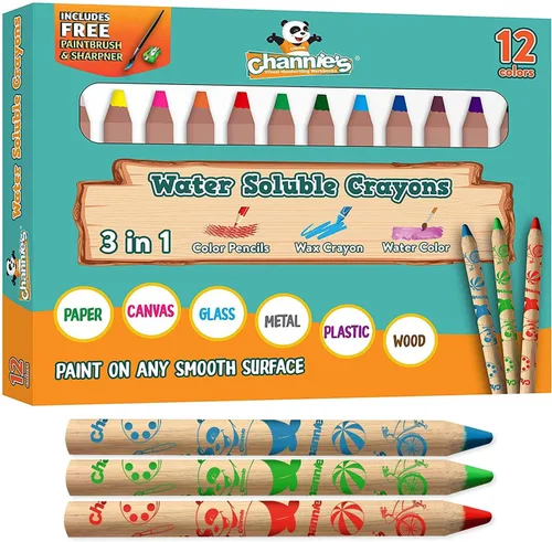 Vista 5 de Channie's Crayones solubles en agua 3 en 1 para niños: crayones de cera, lápices de colores y acuarela, con pincel y sacapuntas gratis, pintura