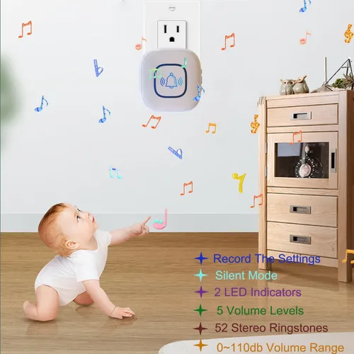 Vista 7 de Timbre inalámbrico, rango de 1200 pies, timbre lo suficientemente fuerte, 5 niveles de volumen y 52 timbres de puerta con LED intermitente