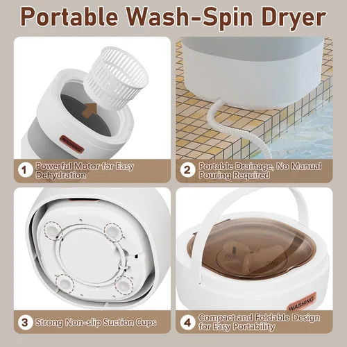 Vista 6 de Mini lavadora portátil 12L mejorada Mini lavadora plegable con cesta de giro y 3 modos de limpieza profunda para ropa interior, calcetines, ropa