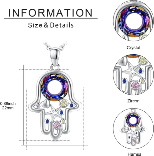 Vista 6 de Hamsa - Collar de plata de ley 925 con colgante de mano de Fátima Hamsa, collar de protección de la suerte para mujer, Plata esterlina, Circón