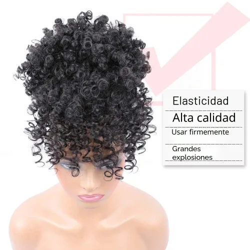 Vista 2 de Cola de caballo con cordón y flequillo, extensiones de cola de caballo afro para mujer, cola de caballo corta y rizada con flequillo con clip para 1b