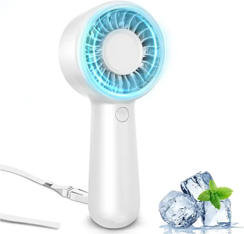Vista 9 de Ventilador de mano portátil, pequeño ventilador de mano turbo personal, potente, refrescante, cordón, recargable por USB, 5 velocidades, maquillaje