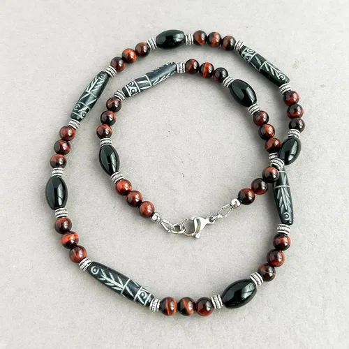 Vista 4 de Mami's Gem Studio Collar de estilo tribal para hombre, cuentas con hueso tallado, ónix negro y piedras preciosas, hecho a mano en Estados Unidos