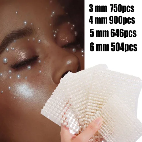 Vista 2 de Pegatinas de diamantes de imitación de maquillaje de perlas para ojos, cara y cuerpo, 3D autoadhesivas, joyas de perlas blancas para sombra de ojos