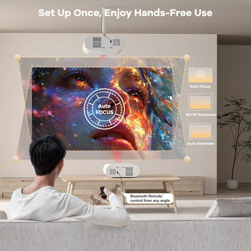 Vista 5 de Proyector para exteriores incorporado Google TV, proyector inteligente con tapa de lente automática Sovboi 4K Support, WiFi 6 & Bluetooth, AI Auto