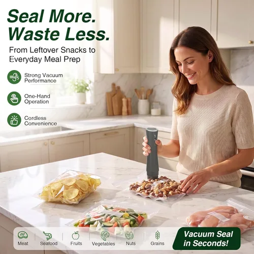 Vista 2 de Sellador al vacío para alimentos con 10 bolsas reutilizables, color gris