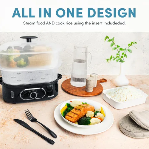 Vista 5 de AROMA® Cesta de vapor de alimentos doble y vaporizador eléctrico de arroz con nivel de agua de fácil lectura y temporizador
