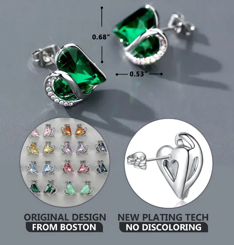 Vista 3 de Leafael - Aretes de tuerca de cristal con piedra natal de corazón infinito para mujer, joyería en tono plateado para niñas, regalos de cumpleaños
