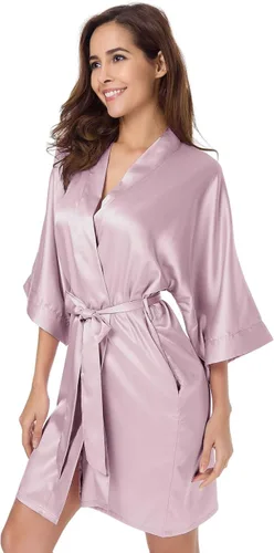 Vista 3 de SIORO - Albornoz de satén para mujer, sedoso kimono, para novia, damas de honor, boda, fiesta, salón, corto, XS-XXL