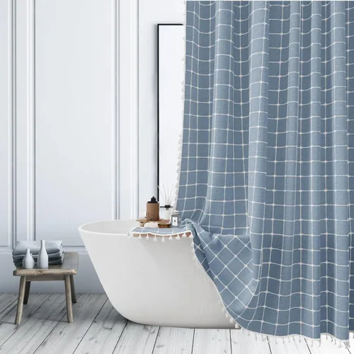Vista 10 de Cortina de ducha de tela de estilo granja con rayas negras, cortina de baño bohemia de patchwork de gingham, cortina de baño rústica y elegante