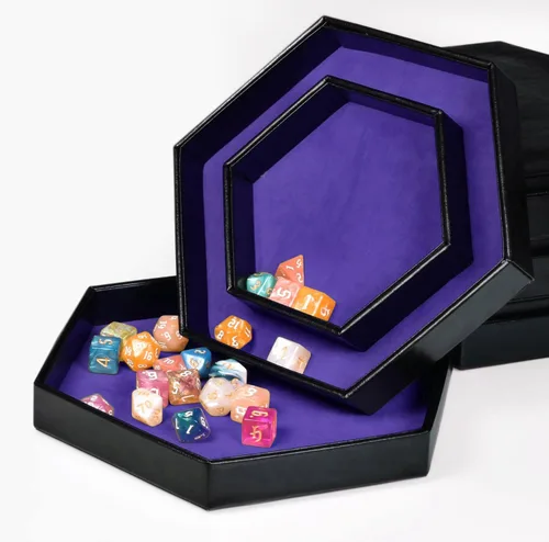 Vista 8 de DND - Bandeja de dados hexagonal 2 en 1, material de piel sintética, color verde, compatible con D&D, MTG, Dice Arena