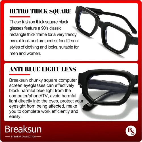 Vista 4 de Breaksun Square Thick Frame Glasses for Women Men Retro Rectangle Blue Light Glasses Small Square Chunky Eyeglasses