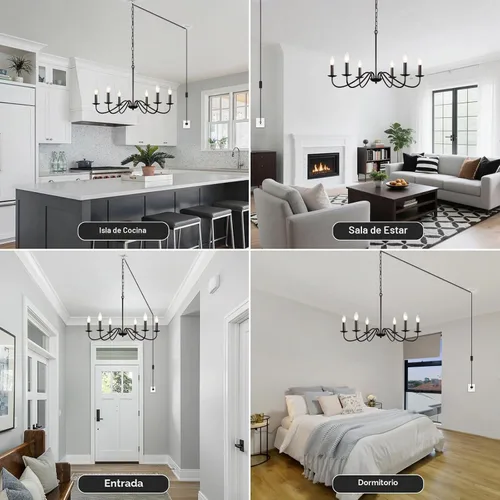 Vista 2 de Lámpara de araña enchufable con cable largo, candelabros estilo granja negros de 6 luces para lámpara de comedor, luces colgantes con cable 12 luces