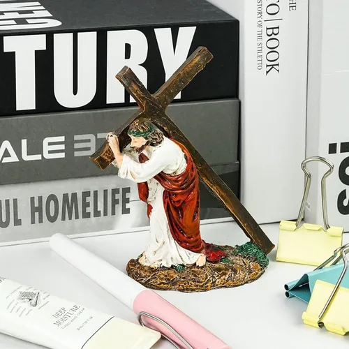 Vista 6 de DreamsEden Figura religiosa pequeña de 4.7 pulgadas con cruz de Jesús, figura religiosa de pequeño Jesús que lleva la cruz en el camino al calvario