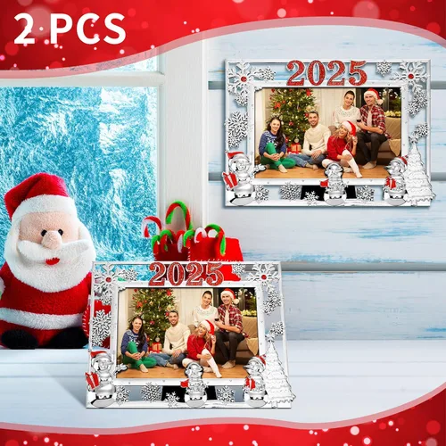 Vista 6 de Huwena 2 Piezas 2025 Marco de Fotos Navideño 4x6 Pulgadas Santa de Invierno Copo de Nieve Marco de Fotos de Metal con Frente de Vidrio Regalos