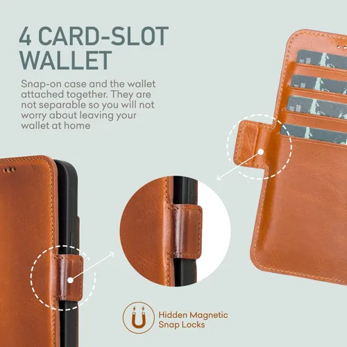 Vista 6 de Bayelon Funda para iPhone 13 Pro Max, funda de piel de grano completo, funda magnética con ranuras para tarjetas, función atril (bronceado rústico)