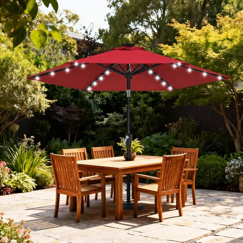 Vista 2 de ABCCANOPY Sombrillas solares duraderas para patio con 24 luces LED de 7.5 pies con 6 varillas resistentes (borgoña)