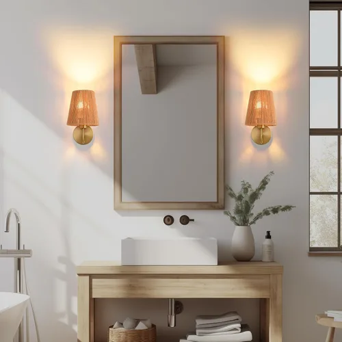 Vista 9 de Juego de 2 apliques de pared bohemios que funcionan con pilas, con pantalla de ratán dorado, luces de pared inalámbricas con bombillas recargables