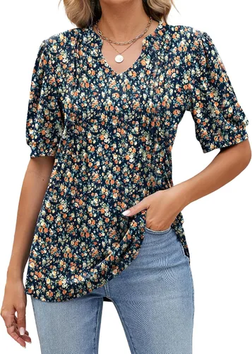 Vista 9 de Camisetas de verano con cuello en V para mujer, de manga corta, estilo casual, a la moda Negro