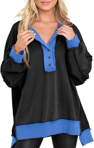 Vista 37 de AlvaQ - Sudadera de gran tamaño para mujer, informal, de manga larga, con botones y cuello Henley, tipo túnica